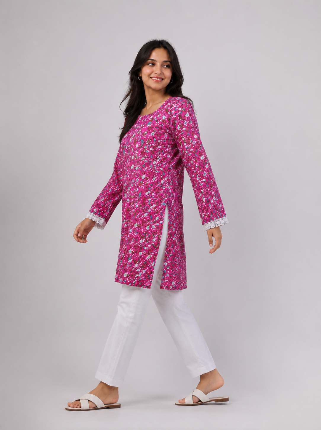 Pink Floral Cotton Kurti