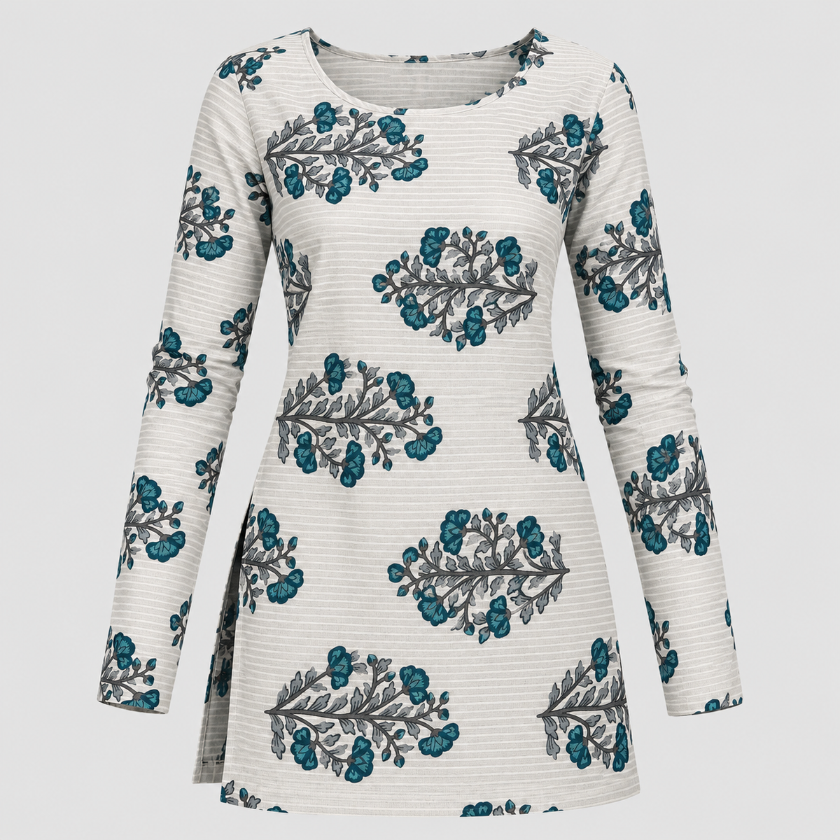 Teal Botanical- Boat Neck Kurti