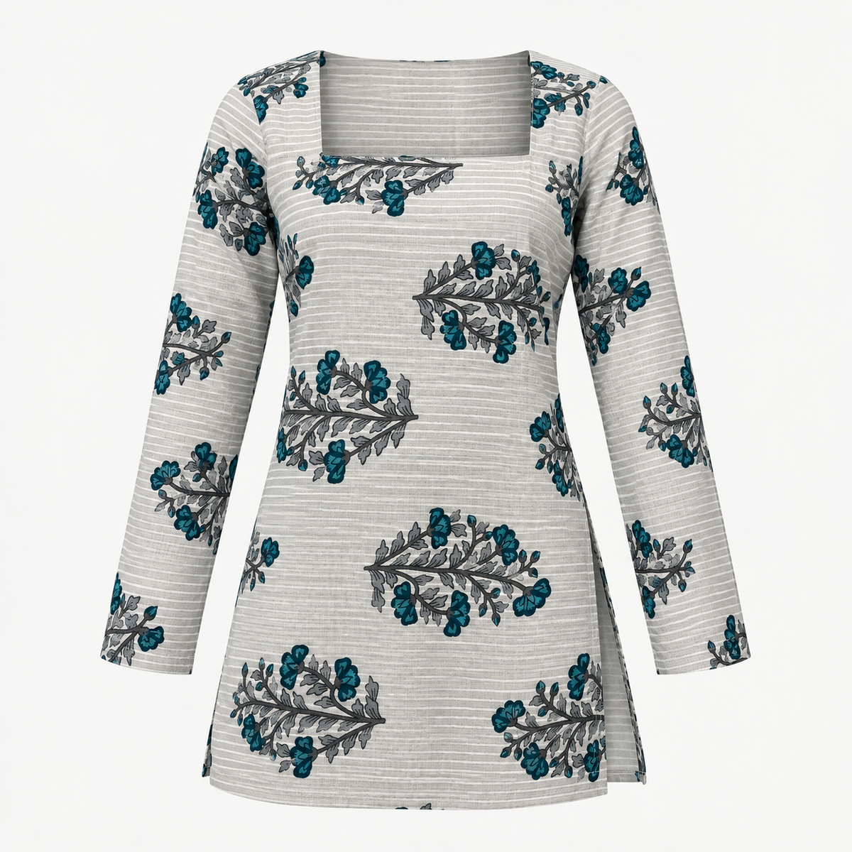 Teal Botanical- Square Neck Kurti