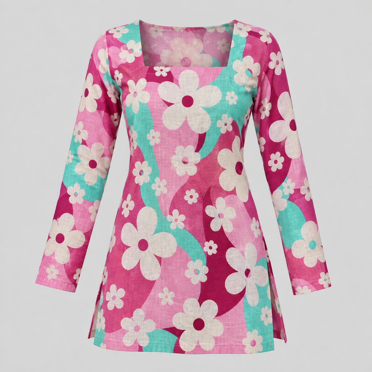 Pink Turquoise Floral- Square Neck Kurti