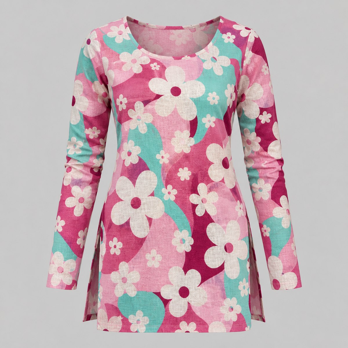 Pink Turquoise Floral- Boat Neck Kurti
