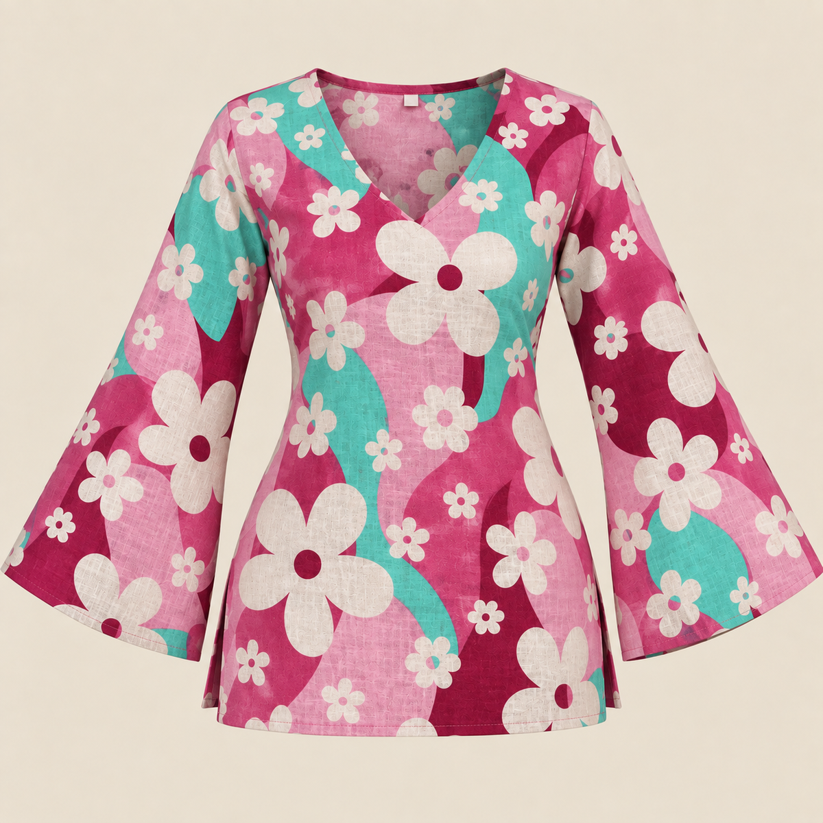 Pink Turquoise Floral- Bell Sleeve Kurti