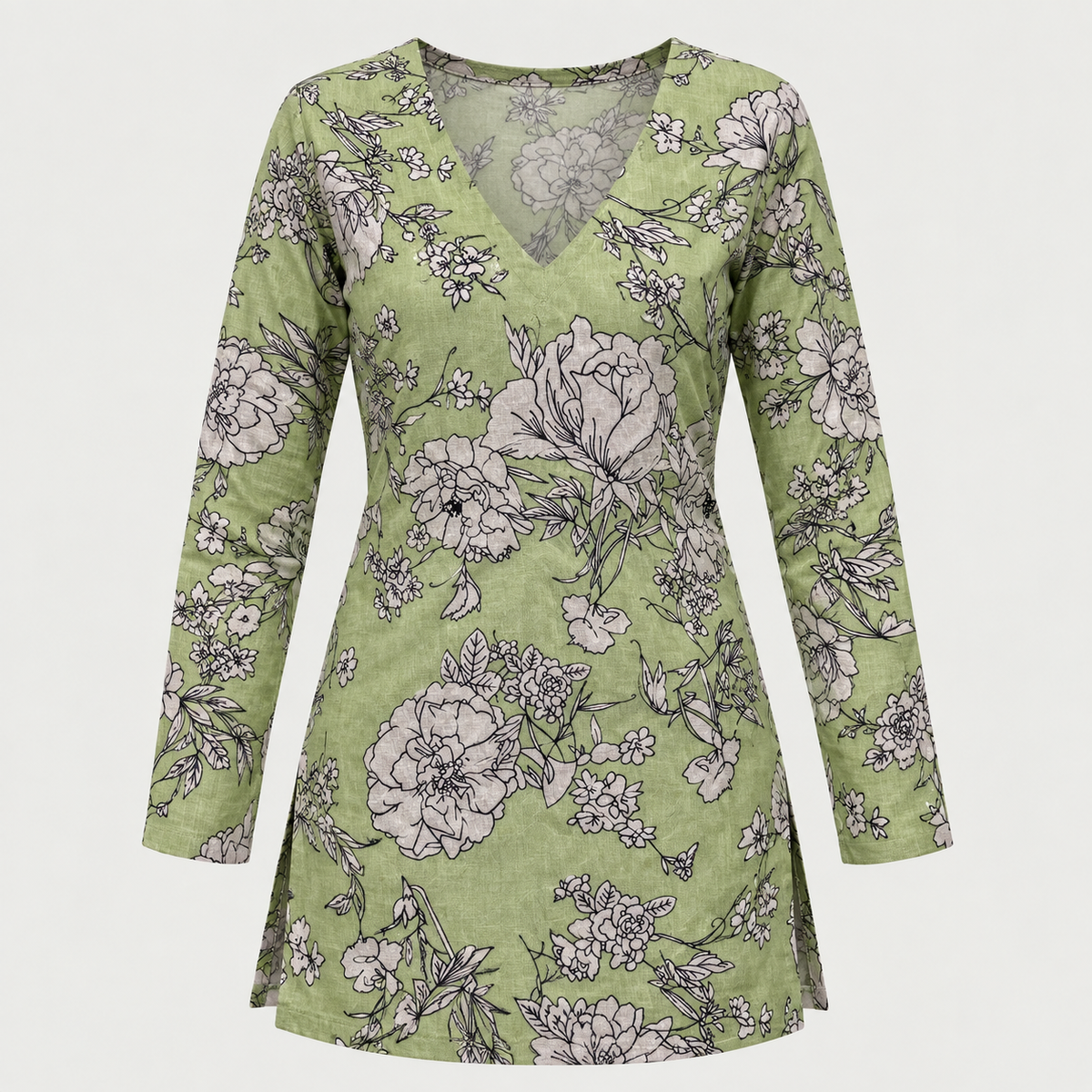 Sage Floral Print- Straight Sleeve Kurti
