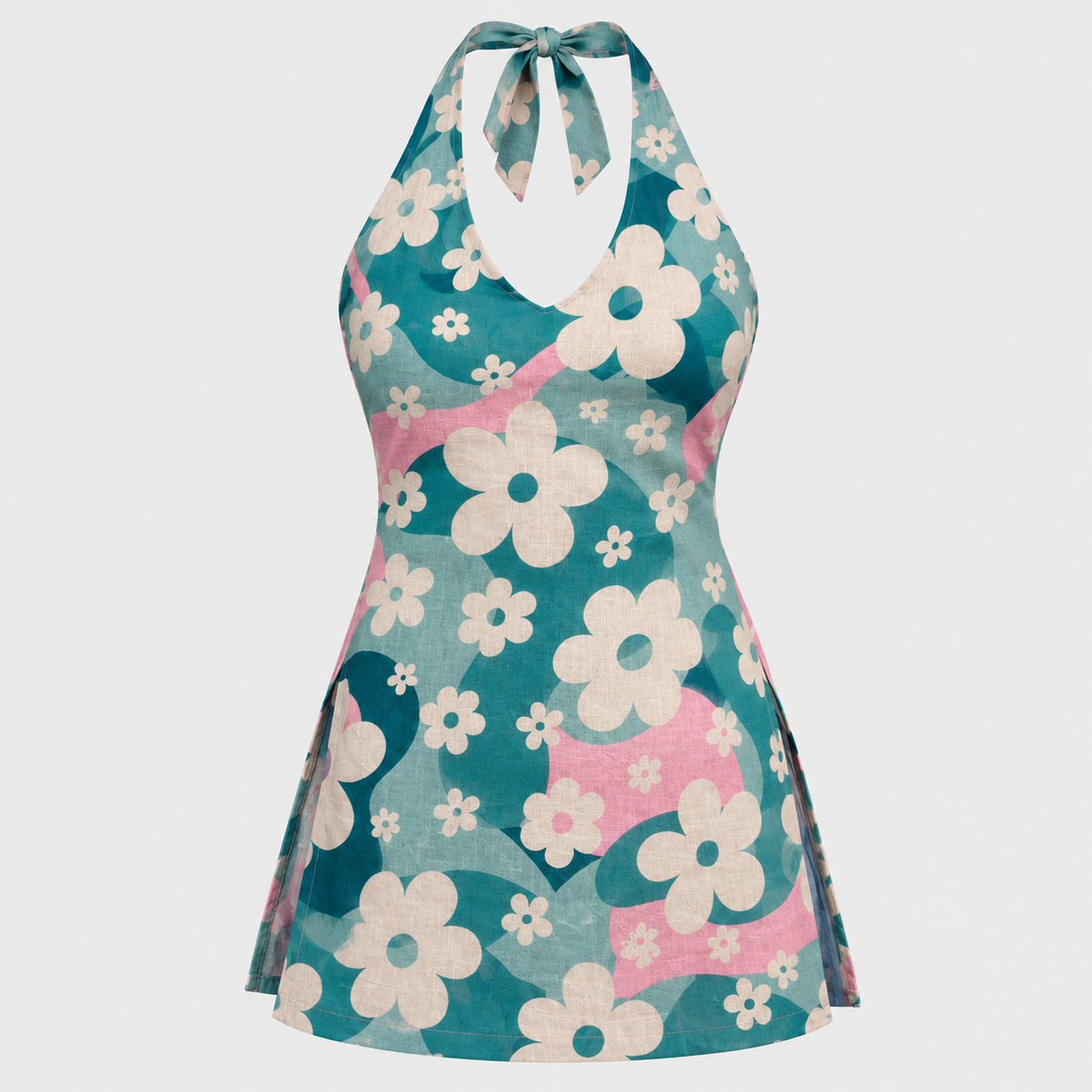 Teal Aqua Floral- Halter Neck Kurti