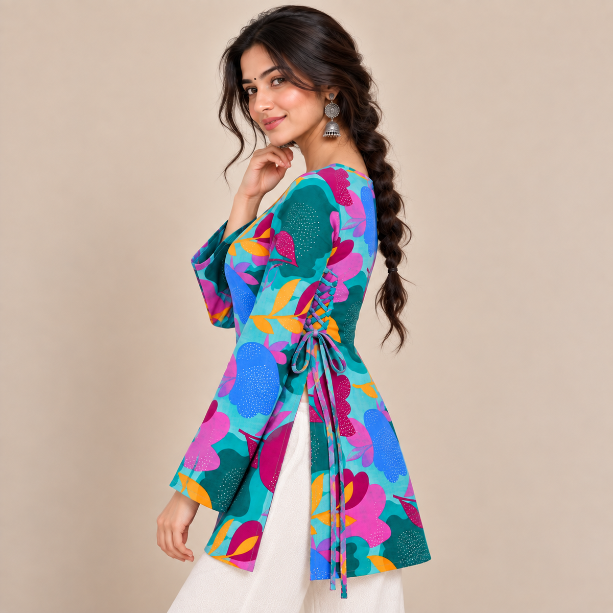Vibrant Aqua Floral- Side Corset Kurti