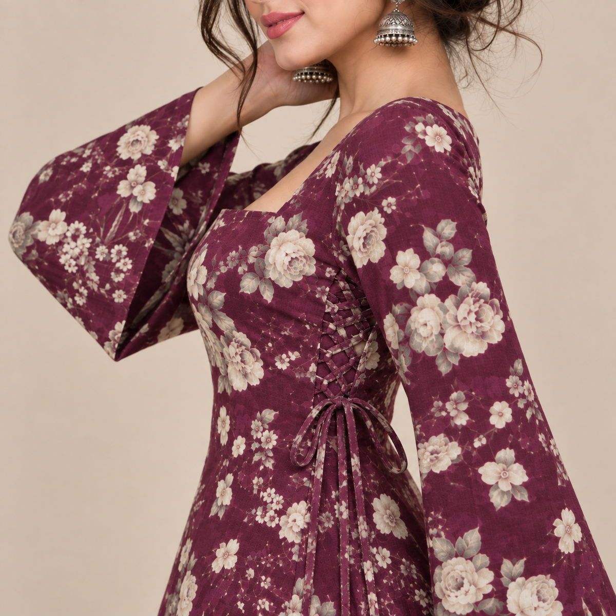 Maroon Floral- Side Corset Kurti