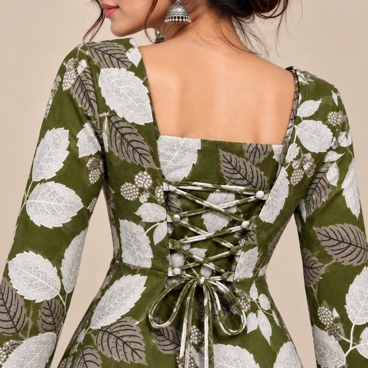Botanical Leaf Print- Corset Back Kurti