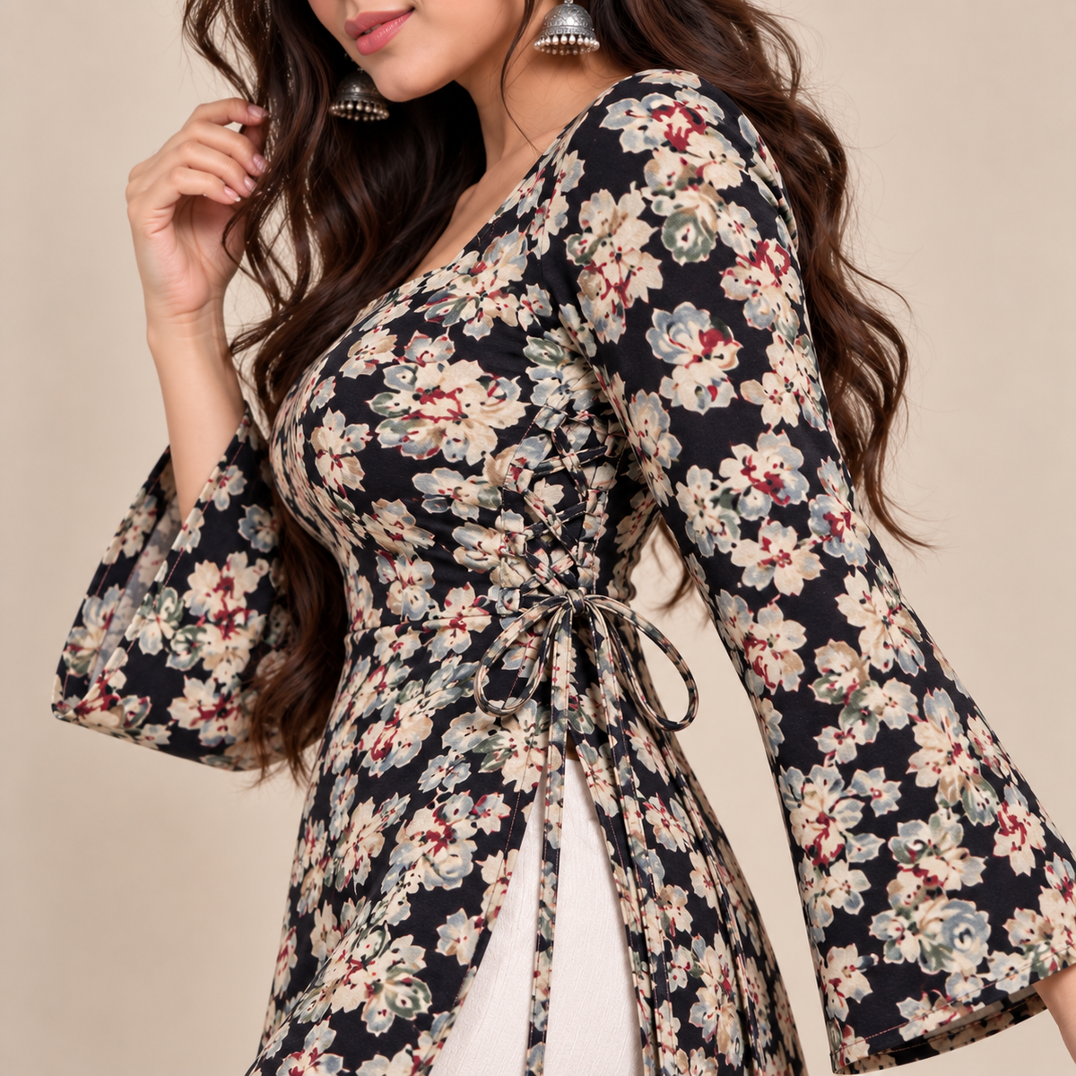Midnight Floral- Side Corset Kurti