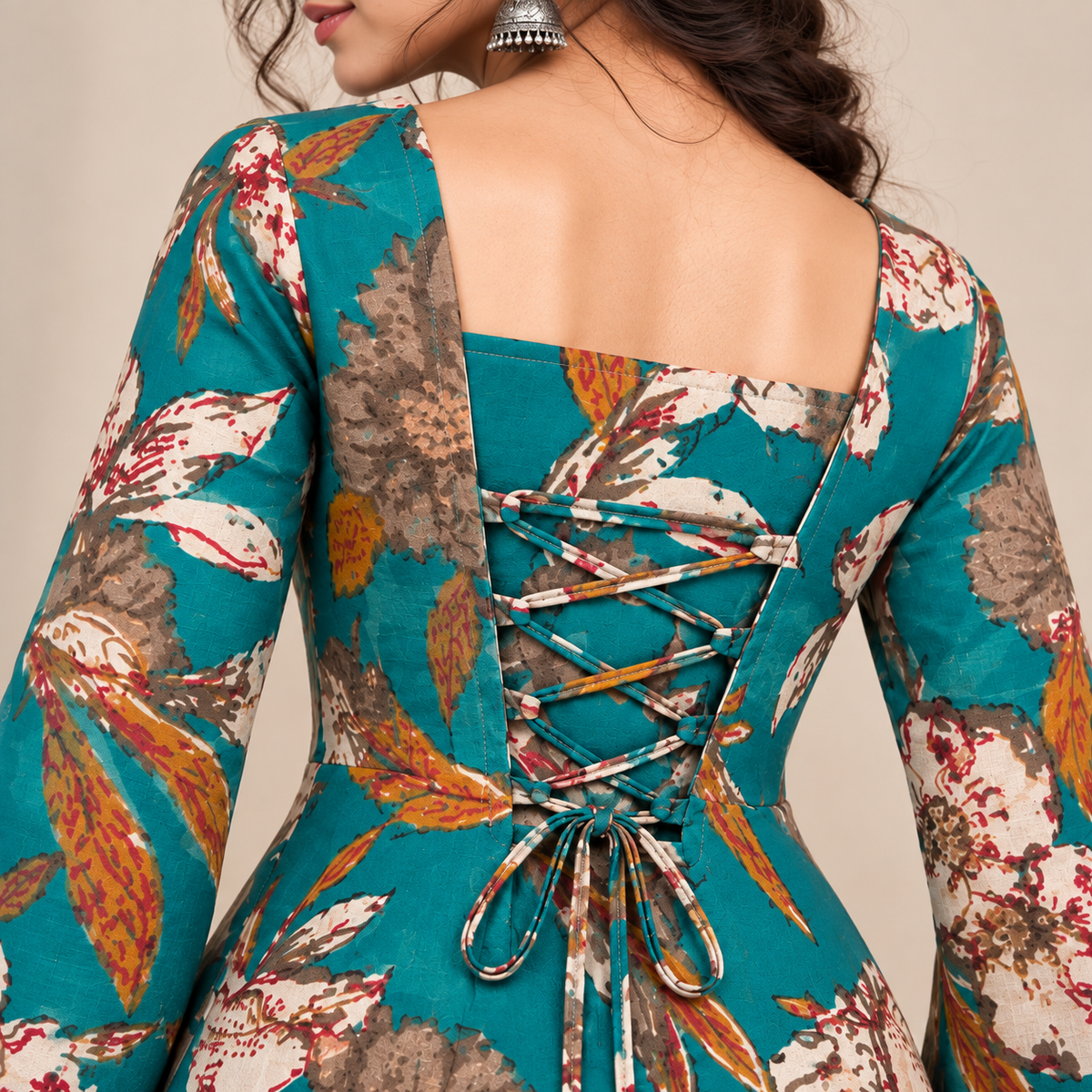 Peacock Botanical Print- Corset Back Kurti