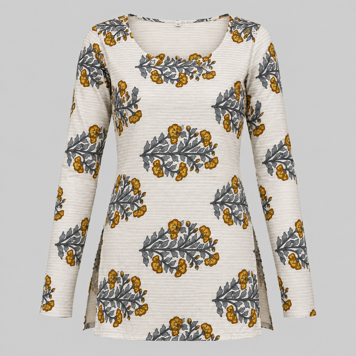 Floral Striped Boat-Neck Kurti