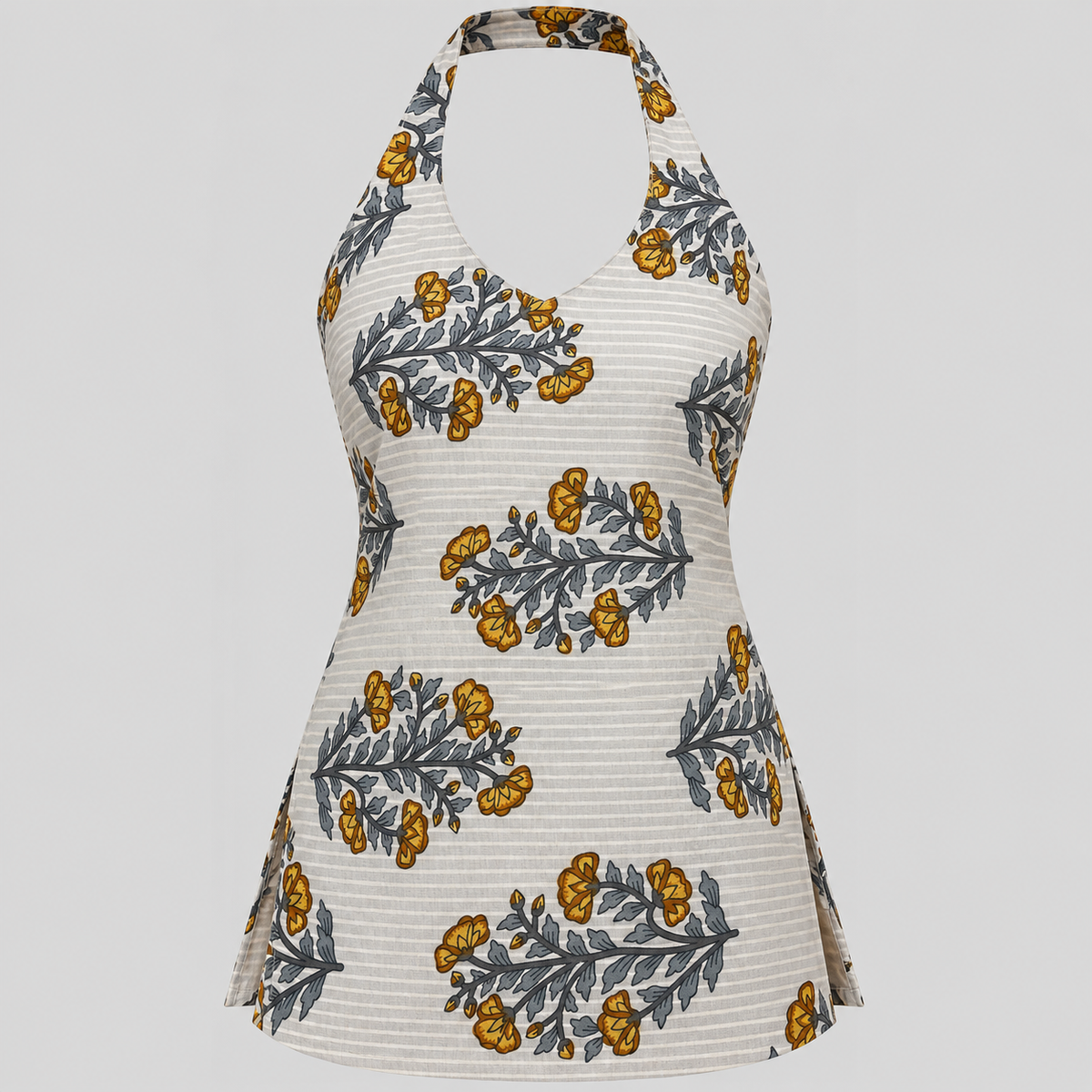 Floral Striped- Halter Neck Kurti