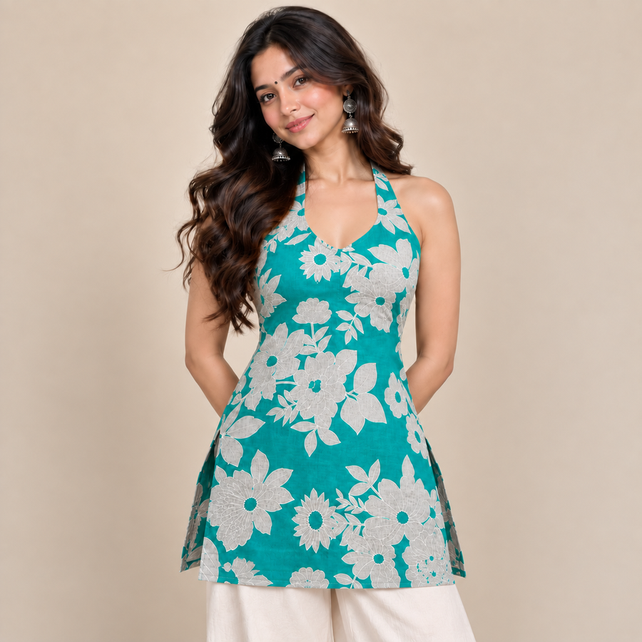Teal Floral Print- Halter Neck Kurti