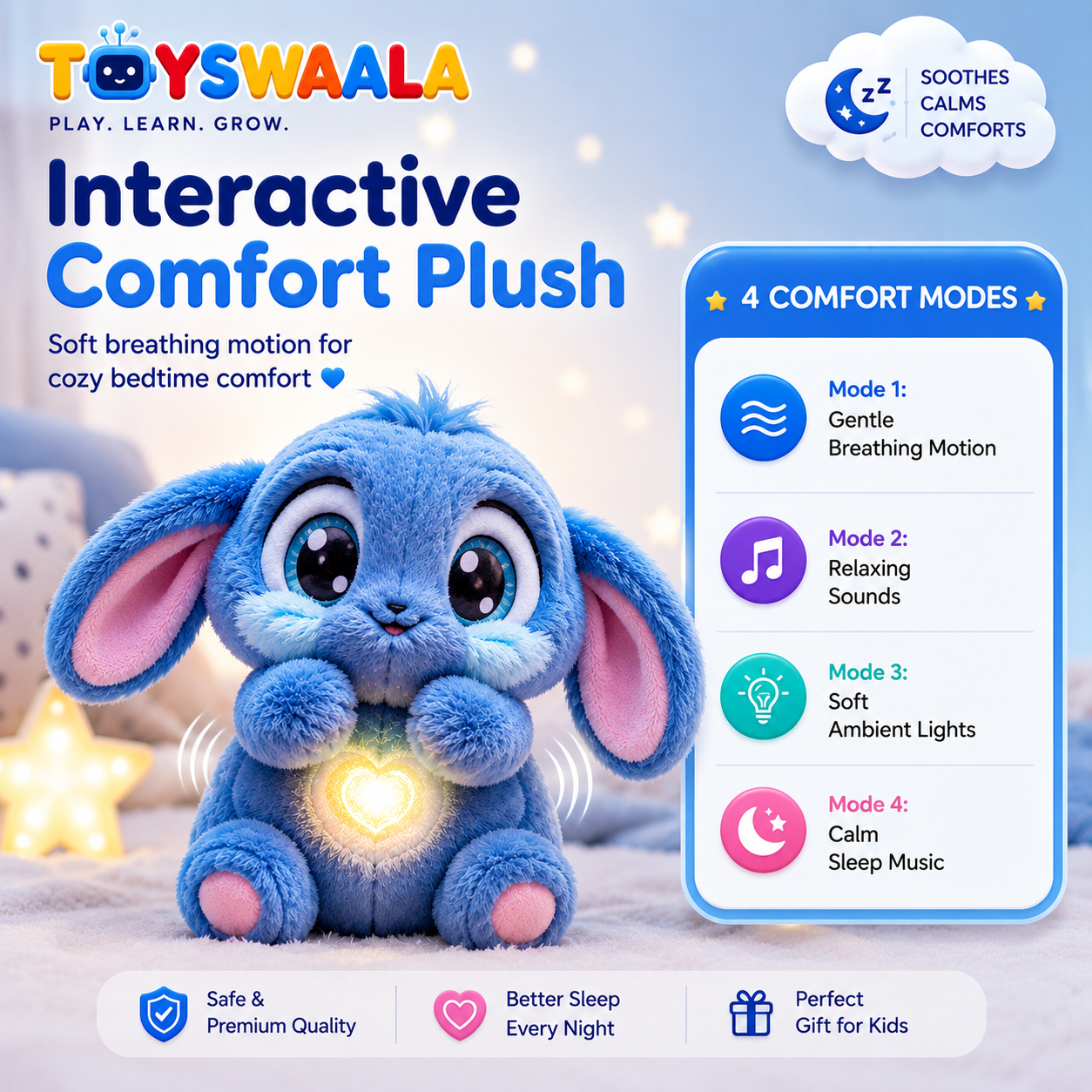 Blue plush toy with breathing motion feature and app interface on a white background