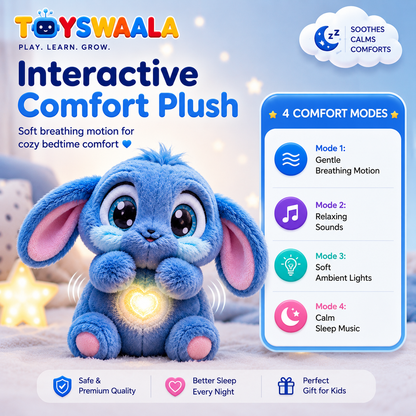 Blue plush toy with breathing motion feature and app interface on a white background