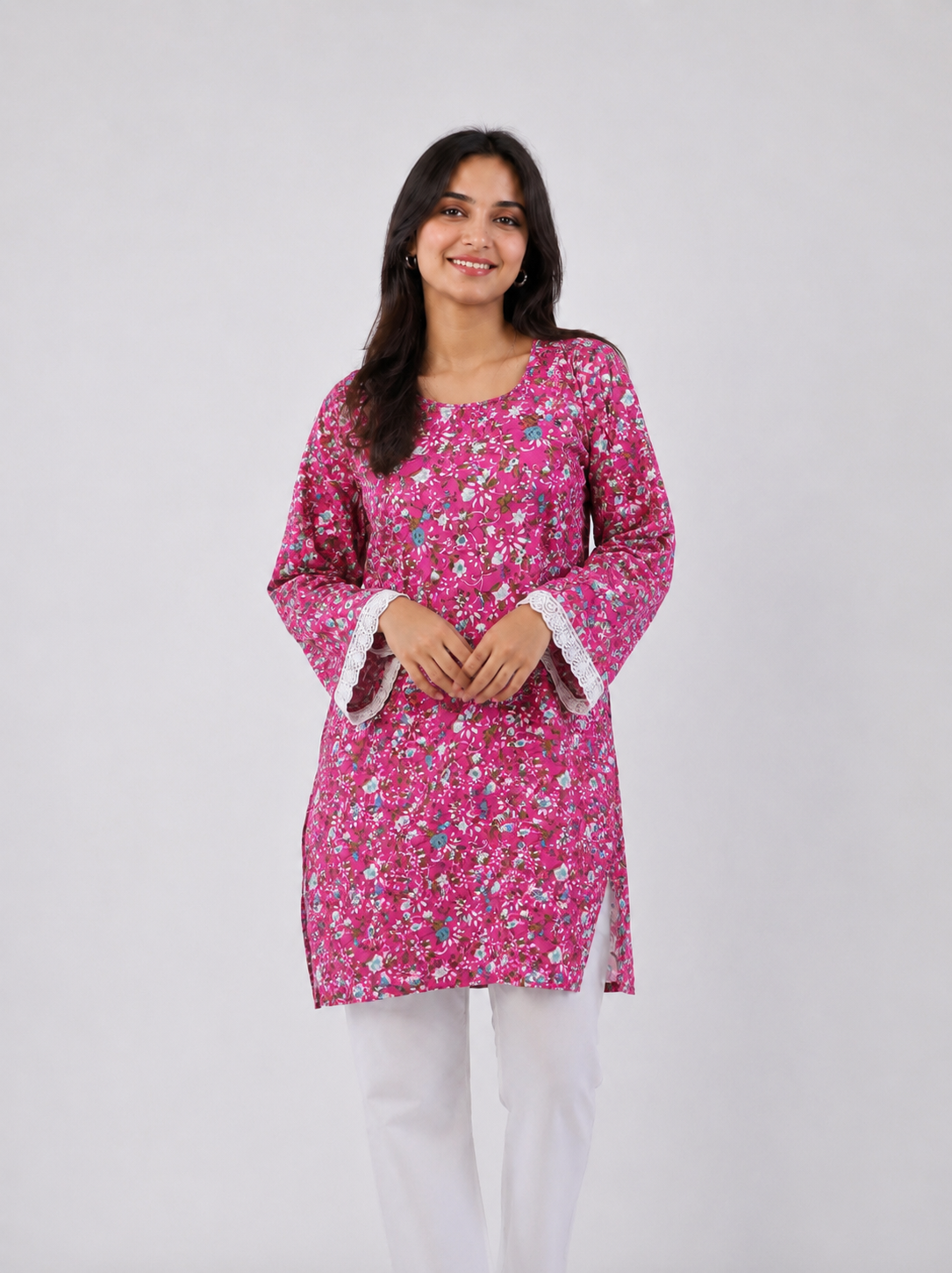 Pink Floral Cotton Kurti
