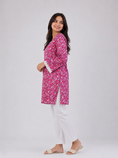 Pink Floral Cotton Kurti