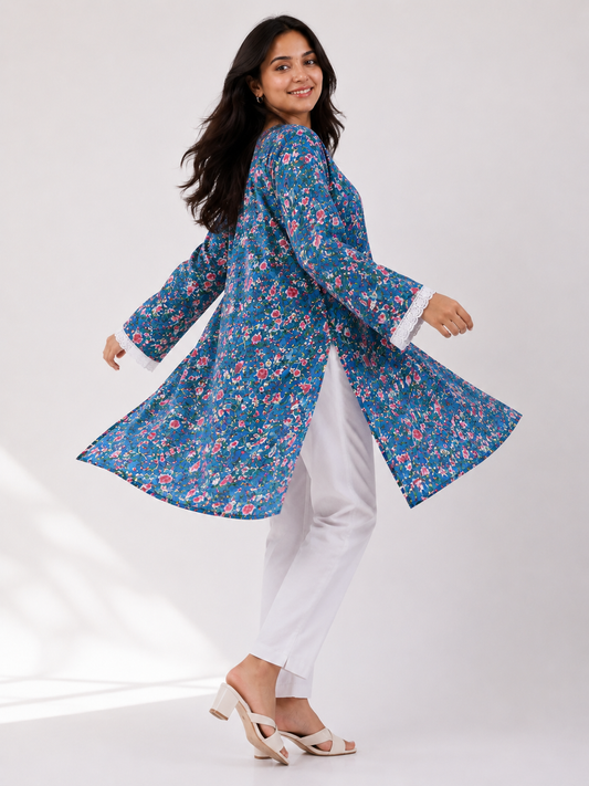 Blue Floral Cotton Kurti