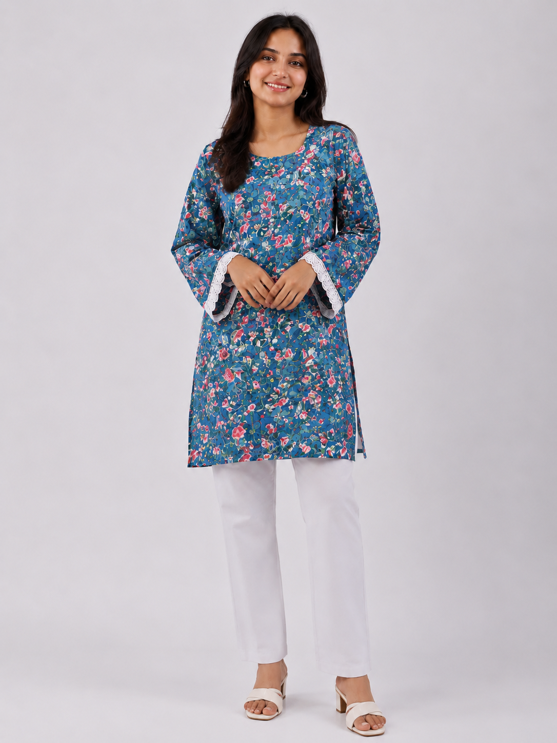 Blue Floral Cotton Kurti