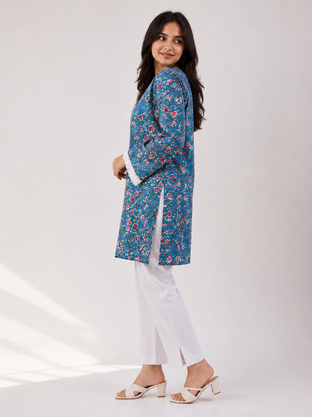 Blue Floral Cotton Kurti