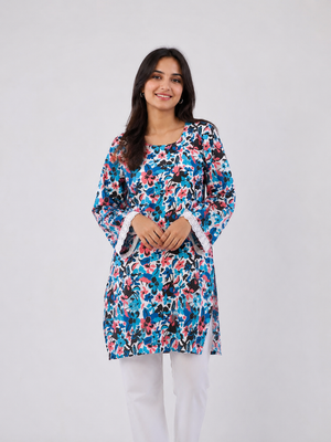 Blue & Pink Floral Print Kurti