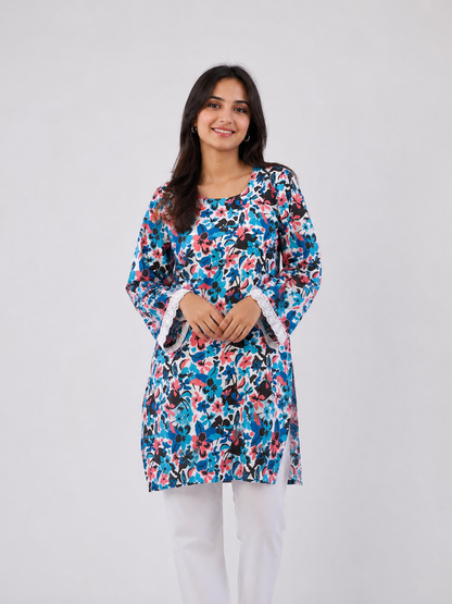 Blue & Pink Floral Print Kurti