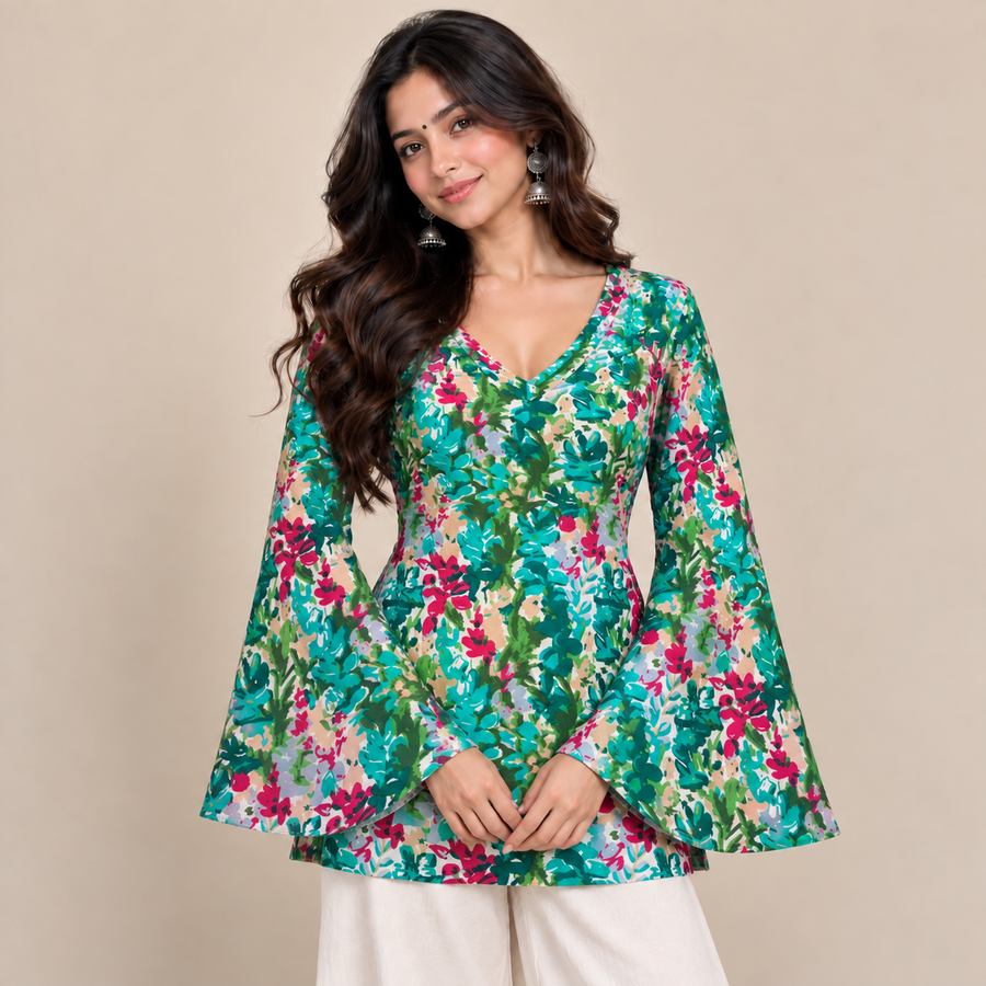 Tropical Floral- Bell Sleeve Kurti