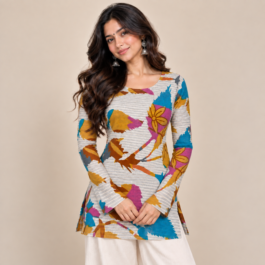 Abstract Floral- Boat Neck Kurti