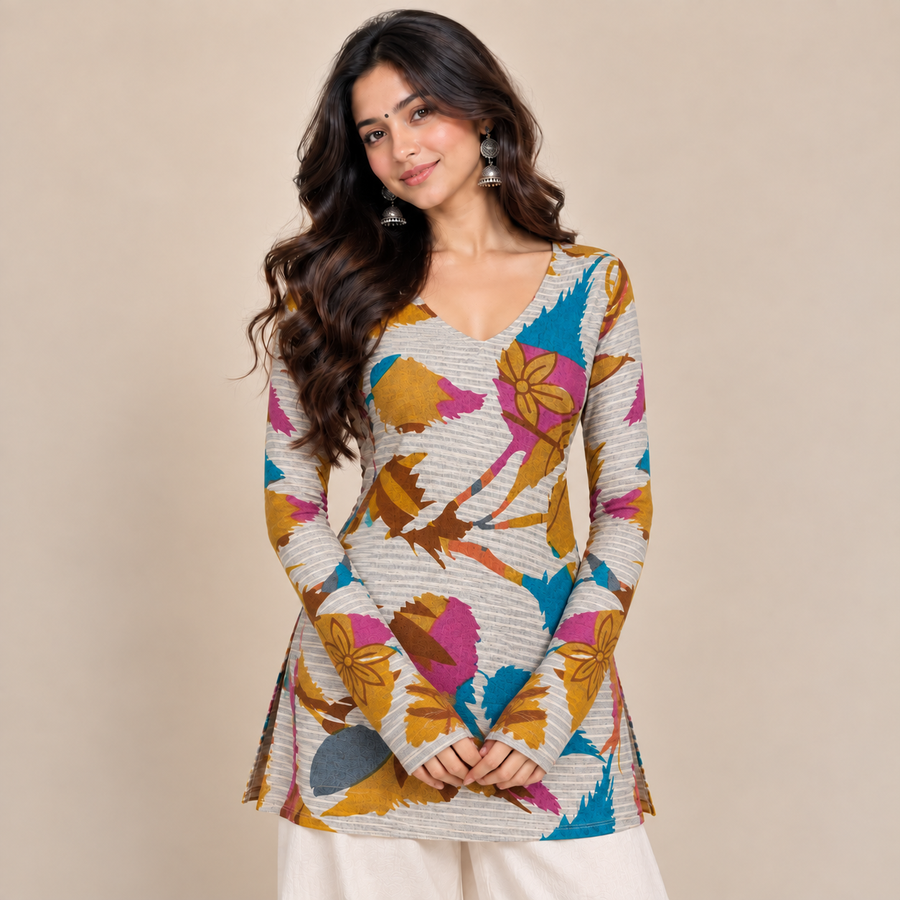 Abstract Floral- Straight Sleeve Kurti