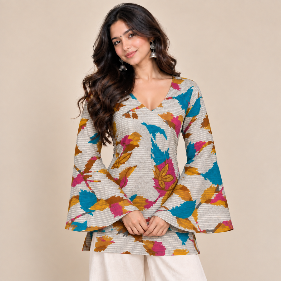 Abstract Floral- Bell Sleeve Kurti