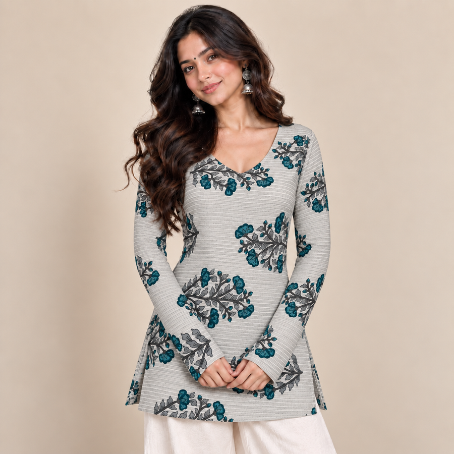 Teal Botanical- Straight Sleeve Kurti