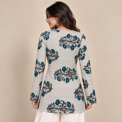 Teal Botanical- Straight Sleeve Kurti