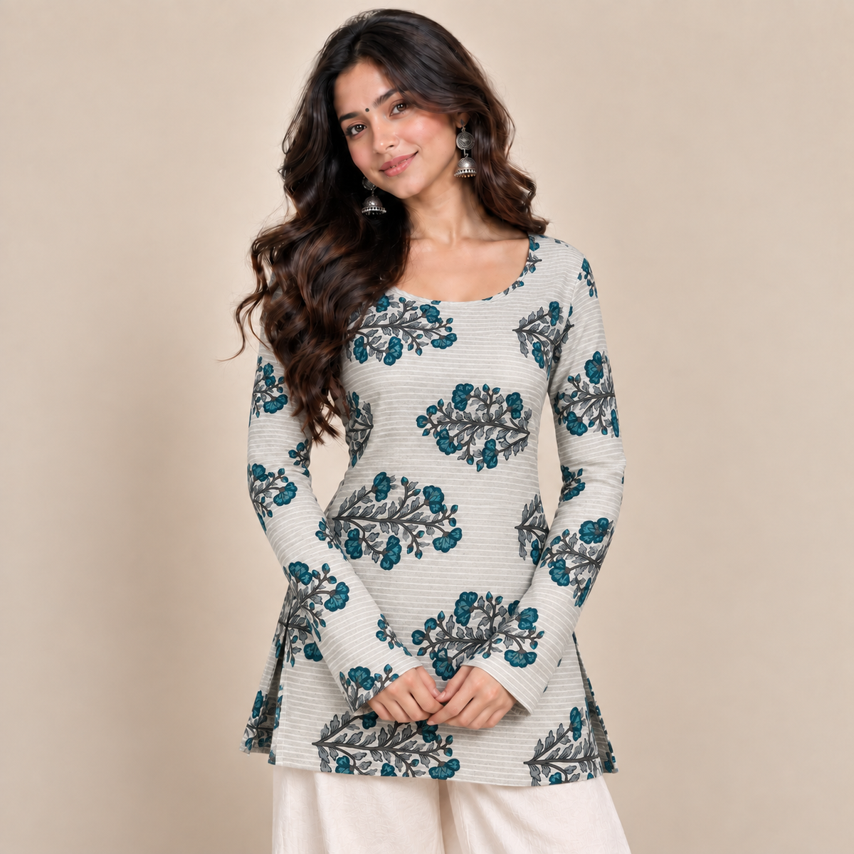Teal Botanical- Boat Neck Kurti