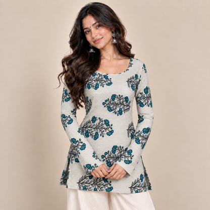 Teal Botanical- Boat Neck Kurti