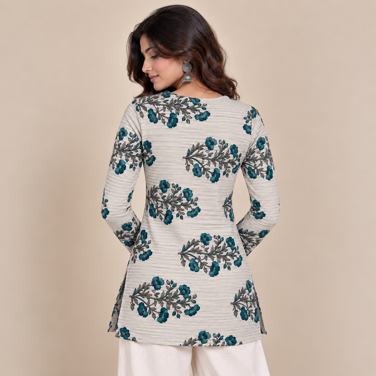 Teal Botanical- Boat Neck Kurti