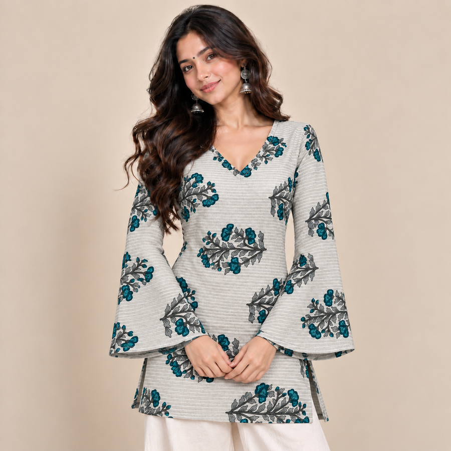 Teal Botanical- Bell Sleeve Kurti