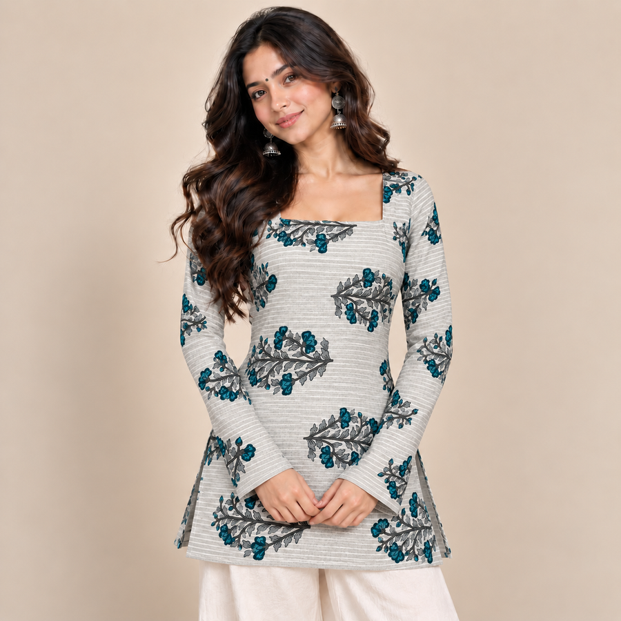 Teal Botanical- Square Neck Kurti