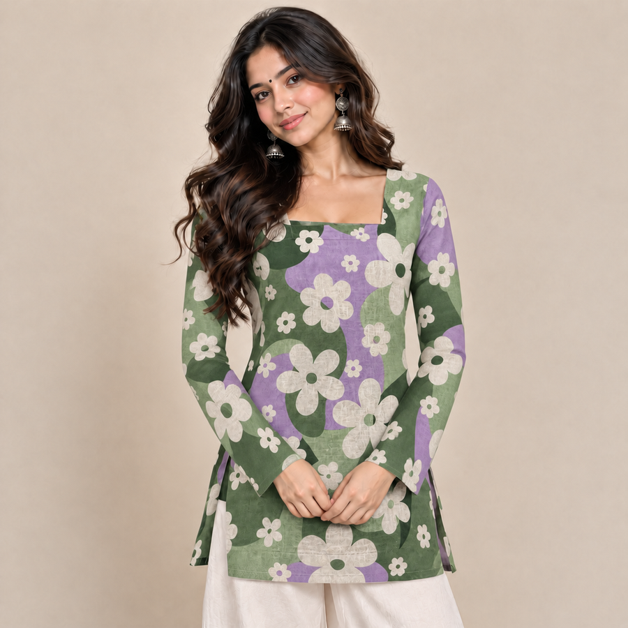 Retro Floral- Square Neck Kurti