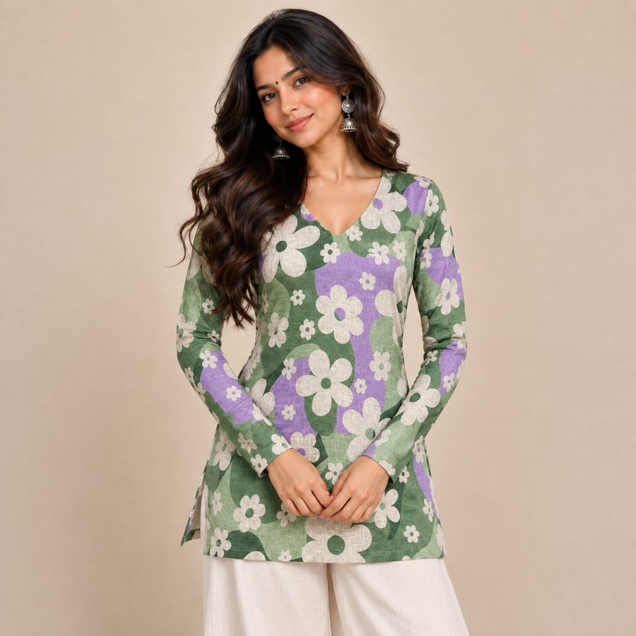 Retro Floral- Straight Sleeve Kurti