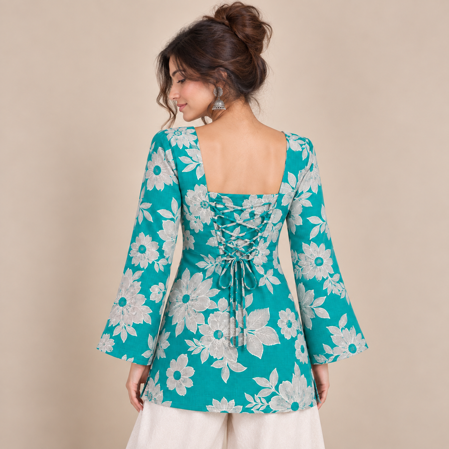 Teal Floral Print- Corset Back Kurti