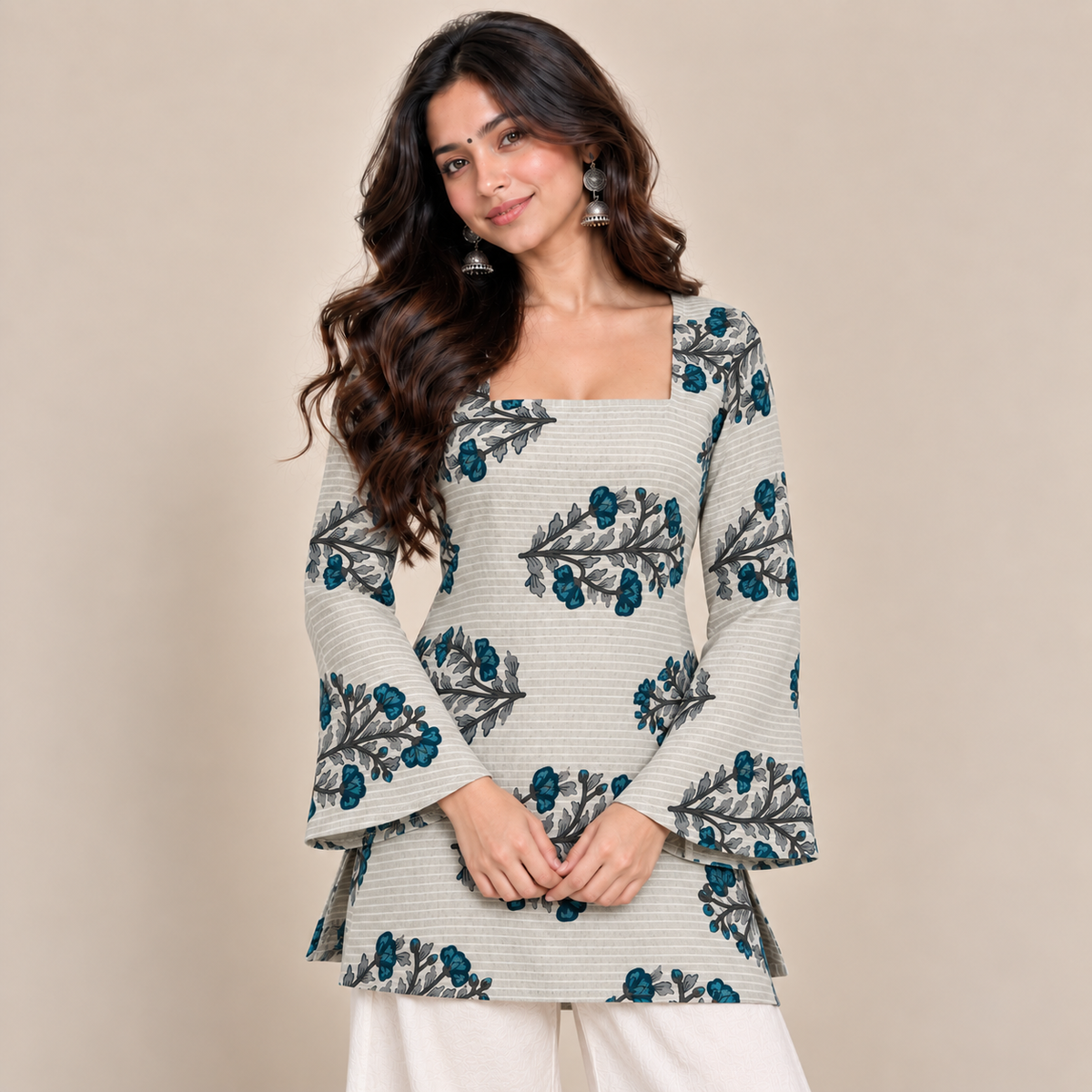 Teal Botanical- Corset Back Kurti
