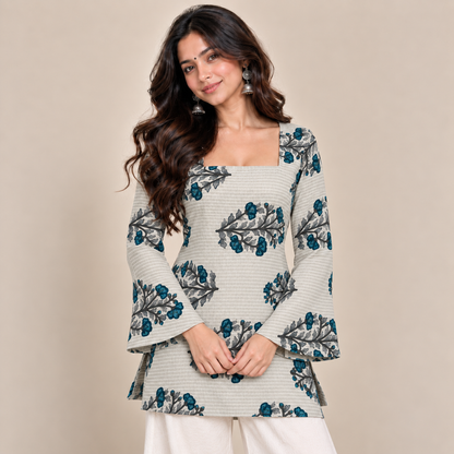 Teal Botanical- Corset Back Kurti