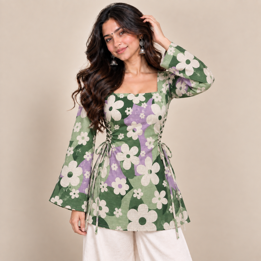 Retro Floral- Side Corset Kurti