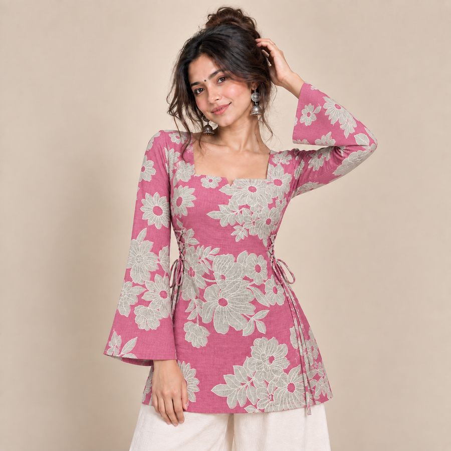 Pink Floral- Side Corset Kurti