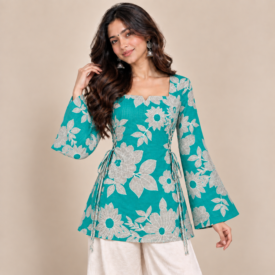 Teal Floral Print- Side Corset Kurti