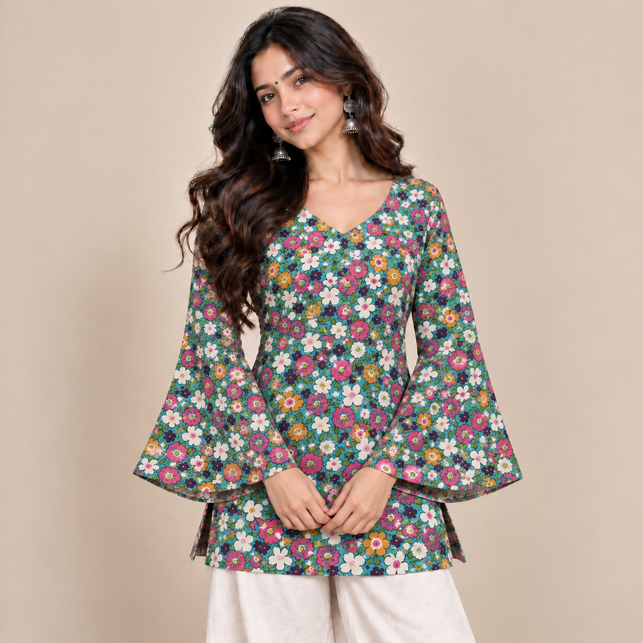 Floral Bloom- Bell Sleeve Kurti