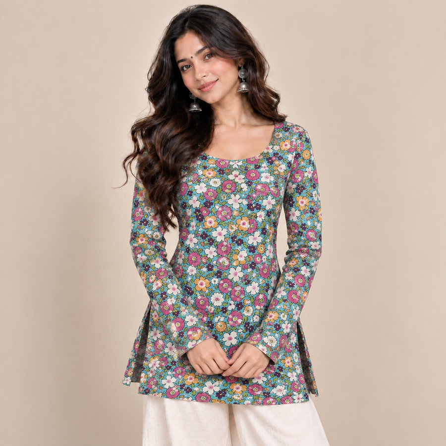 Floral Bloom- Boat Neck Kurti