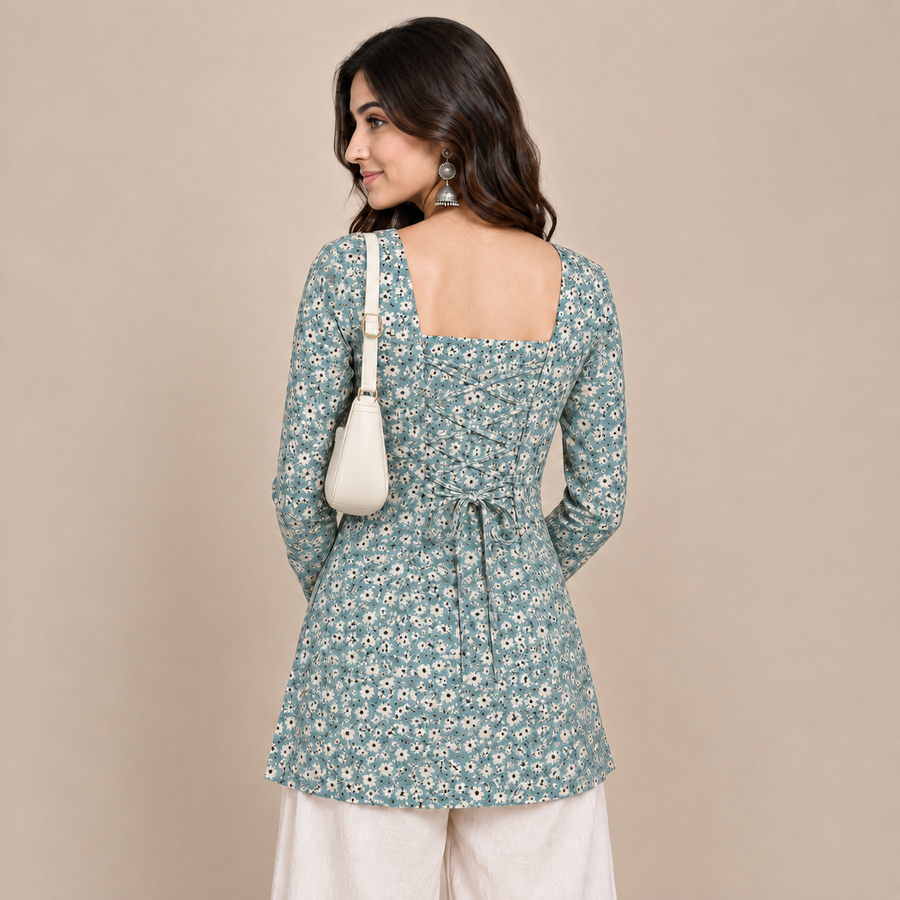Teal Floral-Corset Back Kurti