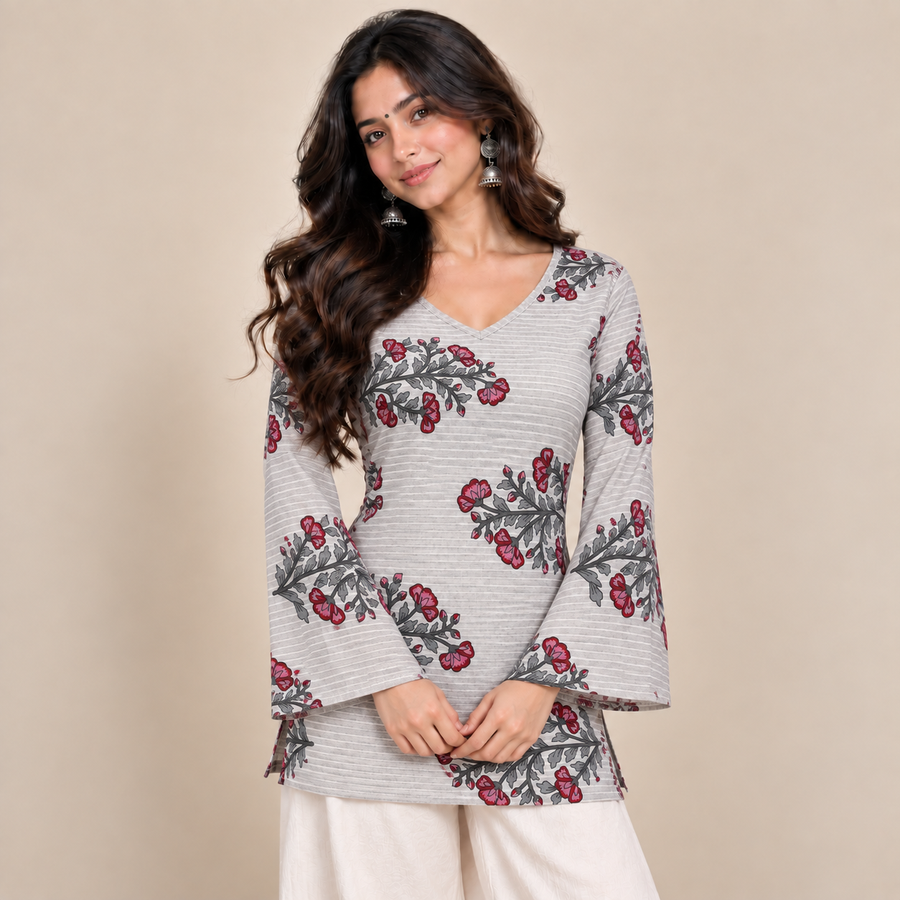 Floral Branch Print- Bell Sleeve Kurti