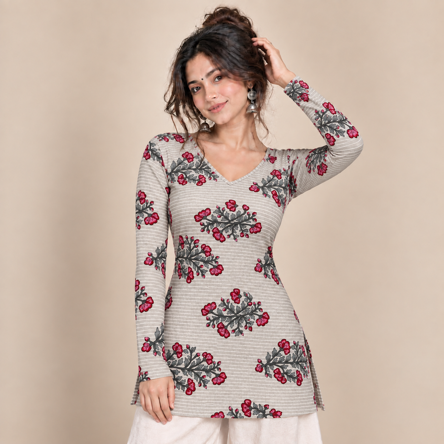 Floral Branch Print- Straight Sleeve Kurti