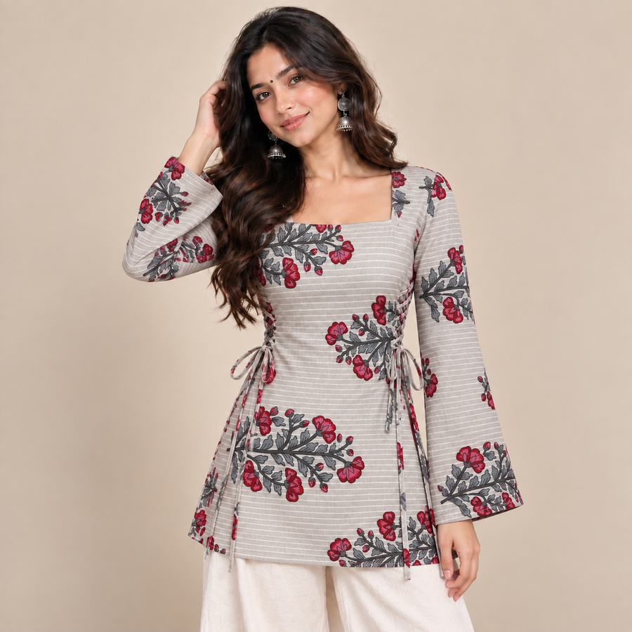 Floral Branch Print- Side Corset Kurti
